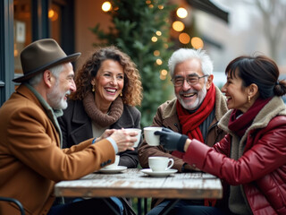 Fototapeta premium Dos hombres mayores y dos mujeres de diferentes orígenes étnicos, charlando y riendo en un café al aire libre, ropa informal de invierno 