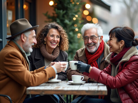 Dos hombres mayores y dos mujeres de diferentes or&iacute;genes &eacute;tnicos, charlando y riendo en un caf&eacute; al aire libre, ropa informal de invierno
