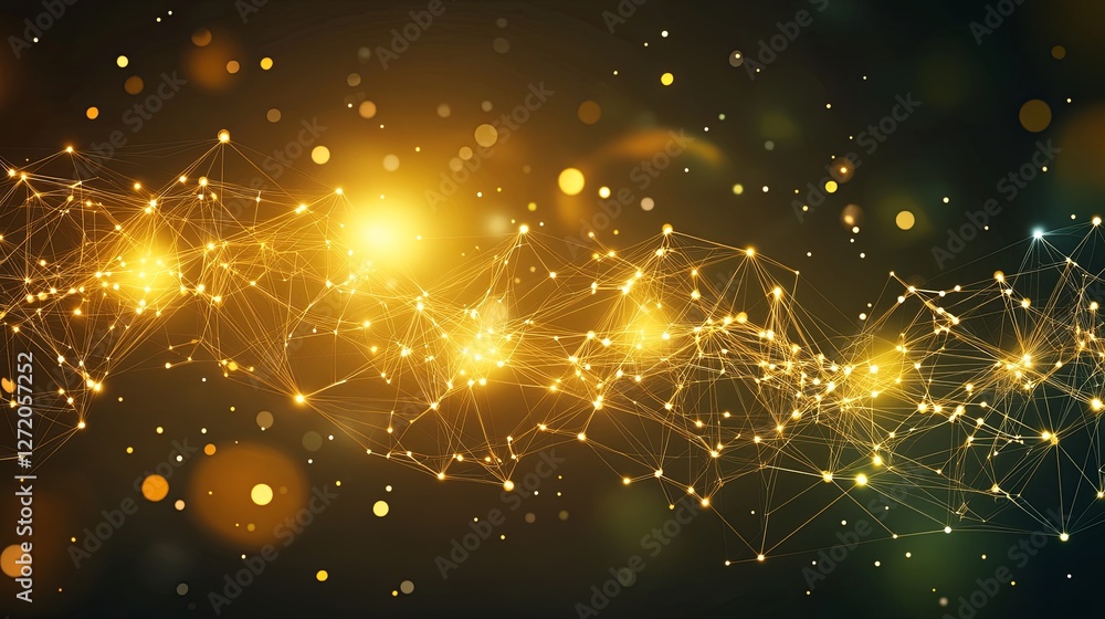 Poster abstract golden network of glowing dots and lines on dark background