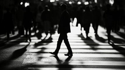 Moody monochrome crosswalk with distinct silhouette and blurred crowd in urban setting