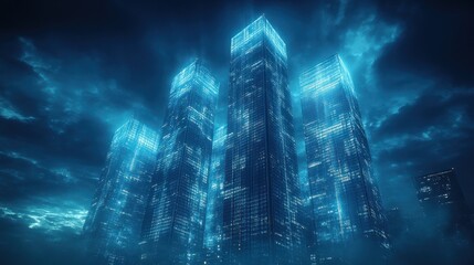 Obraz premium Futuristic city towers glowing at night