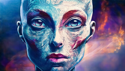 Mystical Alien Portrait in Vibrant Cosmic Nebula.
