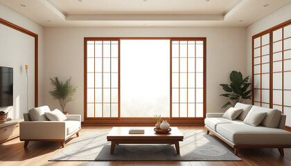 Modern, minimal air purifier in luxury oriental living room with sofa, coffee table, shoji window wall in sunlight for fresh clean air technology concept, interior design, product background 3D, Dre