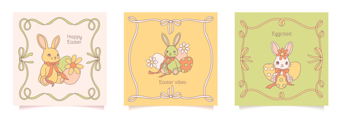 Happy Easter set of square cards, posters or covers in modern minimalist coquette style with ribbon frames, eggs and rabbit with bows. Trendy vector cute templates for social media ads or invitations