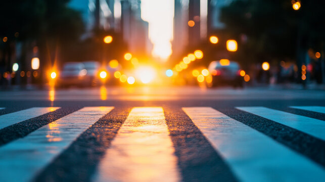 Pedestrian zebra stripes reflect sunset light in cityscape with blurred car movements