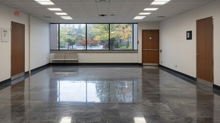 Obraz premium Empty corridor with view of trees and sky. Possible use Stock photo for office space, building interior, or architectural design