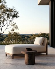Fototapeta premium Modern outdoor lounge chair with minimalist design and wooden table in serene landscape during sunset
