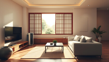 Modern, minimal air purifier in luxury oriental living room with sofa, coffee table, shoji window wall in sunlight for fresh clean air technology concept, interior design, product background 3D, stu