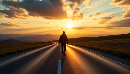 man walking alone on empty road towards vibrant sunset in dramatic sky