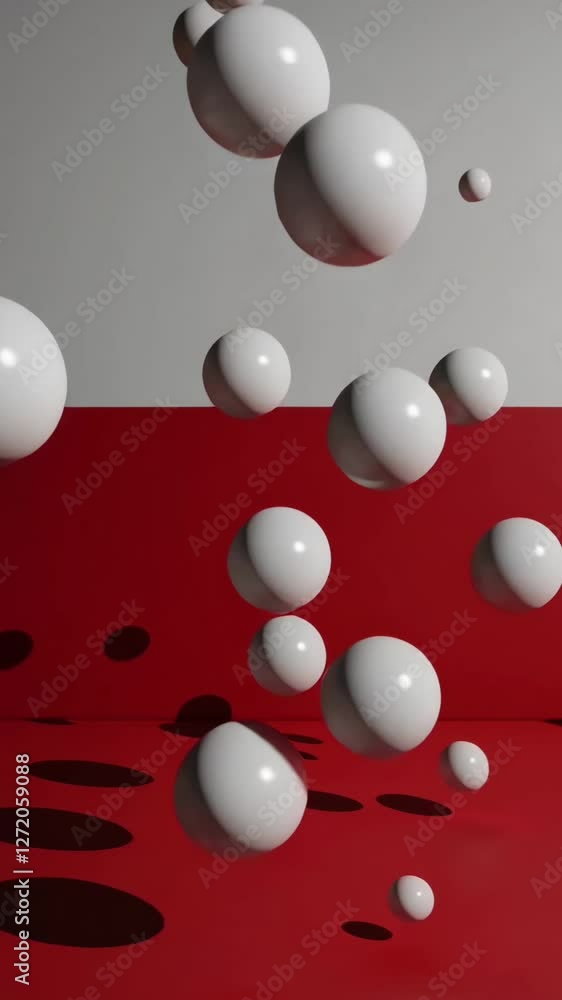 Poster floating spheres in abstract red and white space with dynamic shadows and light
