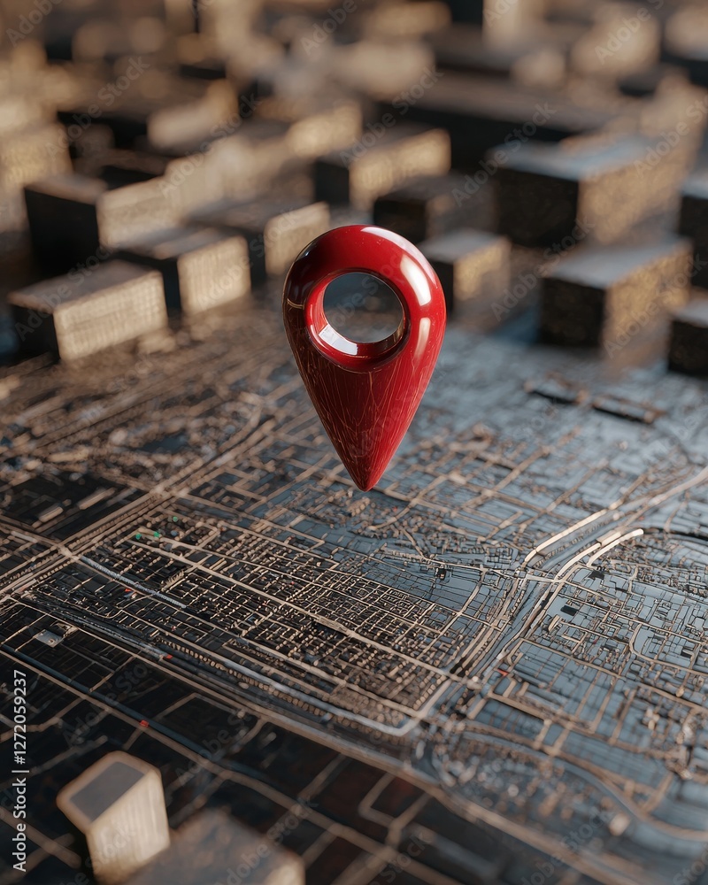 Poster 3d render of a red location pin floating above a detailed urban map showing streets and buildings