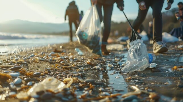 Close-up view of volunteers working together to clean a littered beach collecting trash with bags and tools while showcasing the stark contrast between clean and polluted areas