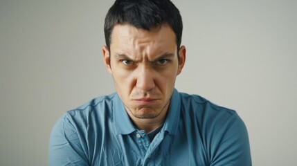 Obraz premium Man with dissatisfied expression in wrinkled blue polo shirt against light background
