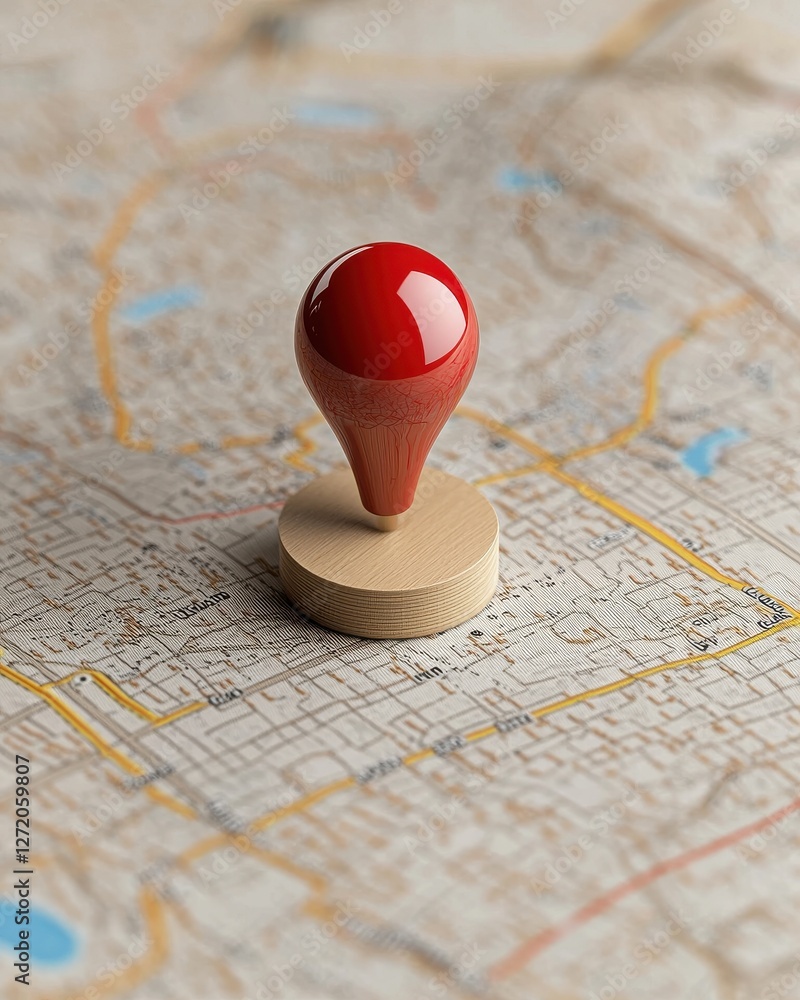 Poster red pushpin marker on a detailed map showcasing location and travel planning concepts in a vibrant s