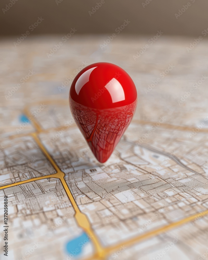 Poster red map pin symbolizes location on abstract city map with detailed streets and landmarks in soft foc