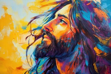 Vibrant Portrait of a Man with Long Hair Against a Bright Colorful Background