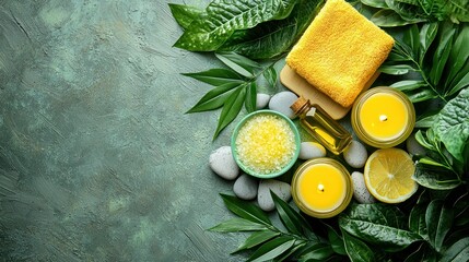Relaxing Spa Treatment Items on Dark Green Surface with Plants