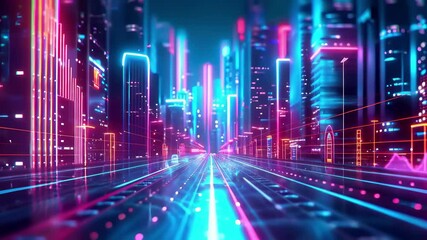 Futuristic neon cityscape with luminous skyscrapers, digital grid highway and cyberpunk infrastructure. Ultraviolet geometric metropolis with holographic network, matrix dataflow and synthwave - Powered by Adobe