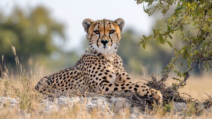 Fototapeta premium Cheetah lies alert in the dry grass of the African savanna under a green bush during the day.