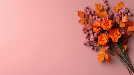 Fototapeta premium Bright orange marigolds and dusty rose background create an elegant vintage-style composition for decoration or celebration