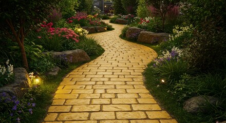 Winding Yellow Brick Path in Garden - A picturesque winding yellow brick pathway meanders through a lush garden at night, illuminated by soft lighting