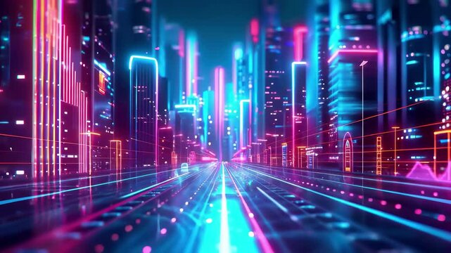 Futuristic neon cityscape with luminous skyscrapers, digital grid highway and cyberpunk infrastructure. Ultraviolet geometric metropolis with holographic network, matrix dataflow and synthwave