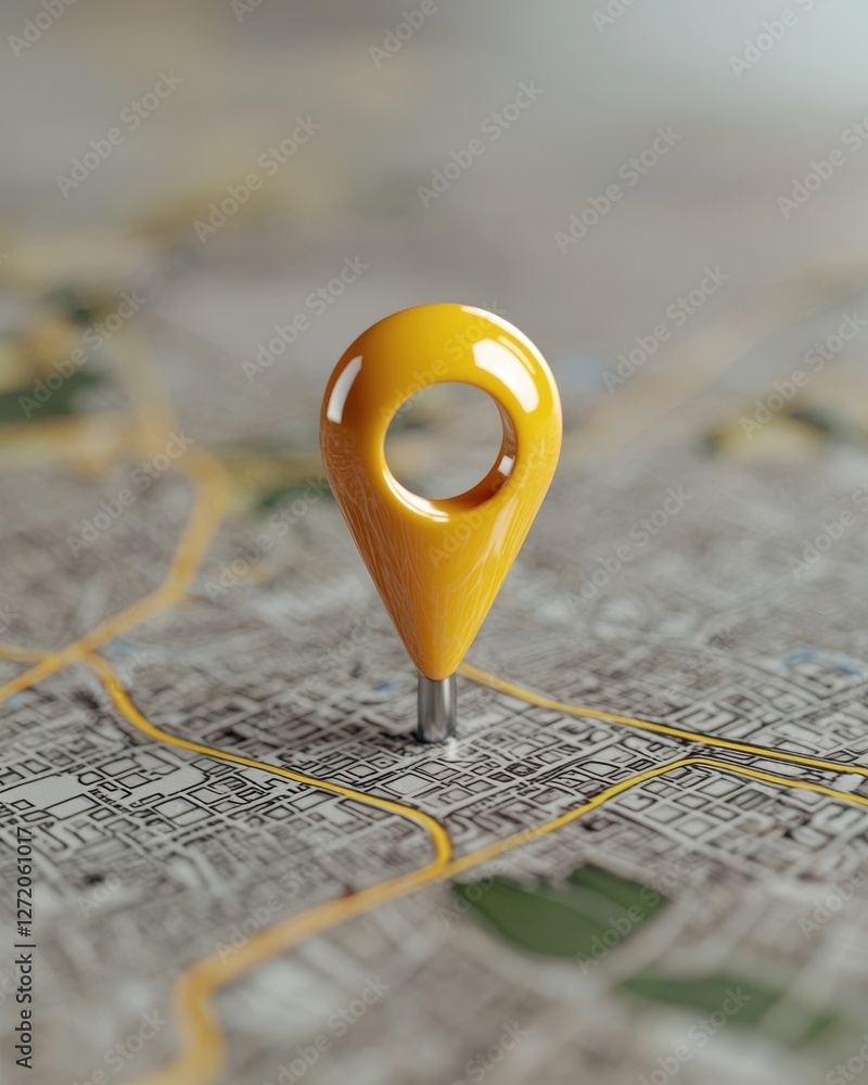 Poster bright yellow location pin on detailed city map signifying navigation and exploration concepts