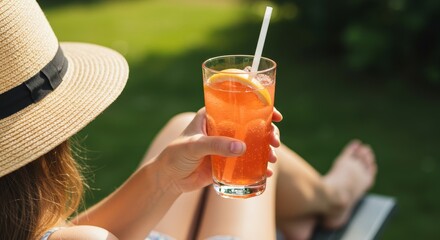 Woman Relaxing Outdoors with Refreshing Drink - A woman enjoys a summer beverage outdoors while relaxing on a lawn chair