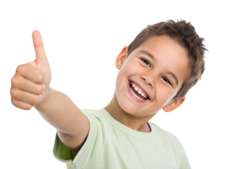 happy boy with thumbs up isolated on transparent background
