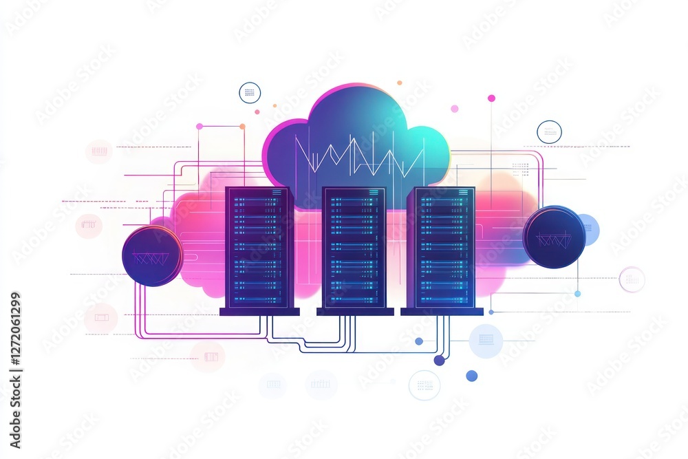 Poster modern cloud computing illustration with data servers and digital connections for technology themes
