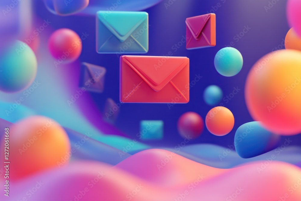 Poster colorful abstract composition with floating mail icons and vibrant 3d spheres in soft waves