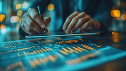Businessman analyzing sales data and economic growth trends using a tablet for strategic insights