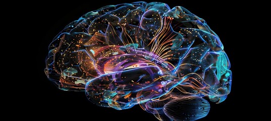 Futuristic 3D Brain Scan Hologram Showcasing Neural Networks and Vibrant Light Patterns