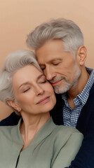 Happy elderly caucasian couple embracing each other with eyes closed