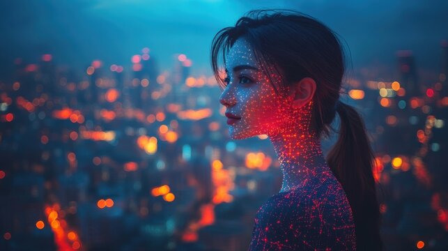 Woman from neurons with orange neon lights in night city background - Powered by Adobe