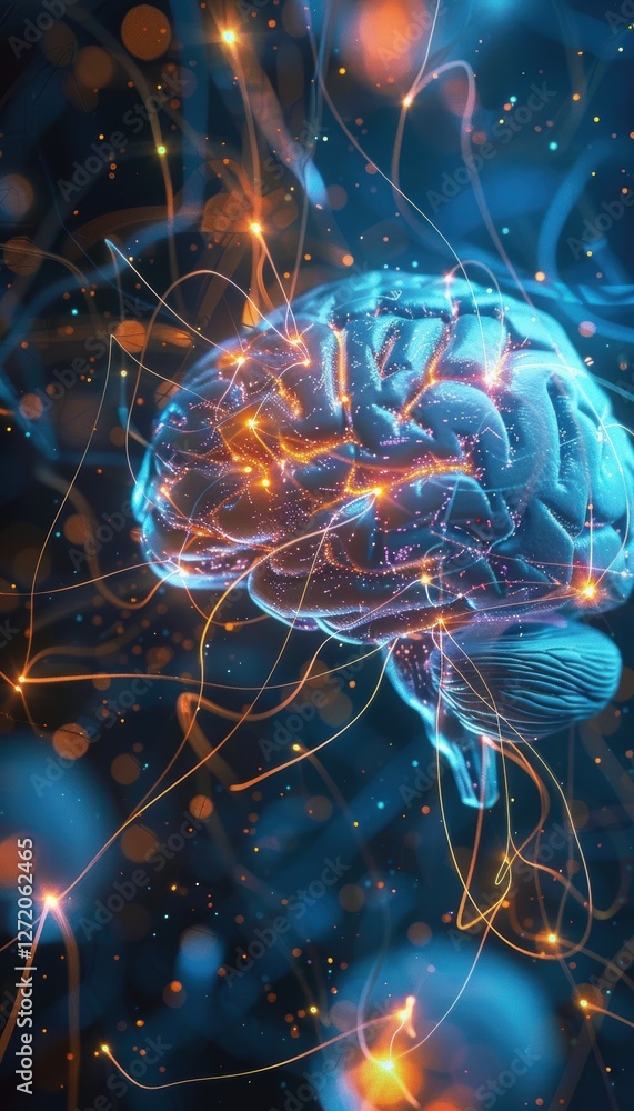 Poster interconnected neural pathways with glowing brain and abstract light trails for creative design
