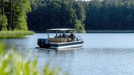Naklejka premium Four people enjoy a peaceful summer day on a modern pontoon boat cruising a tranquil lake amid vibrant forest scenery