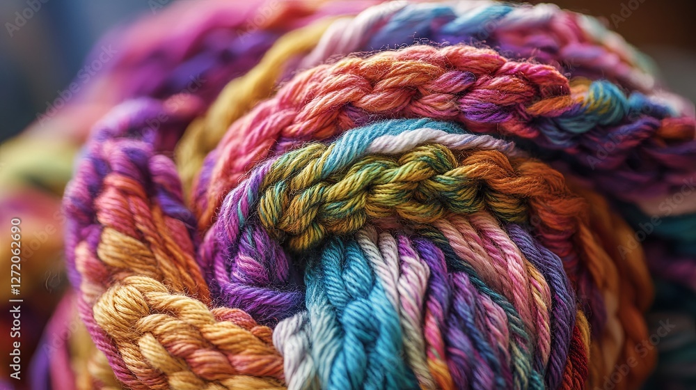 Poster close-up of multicolored yarn twisted in intricate patterns