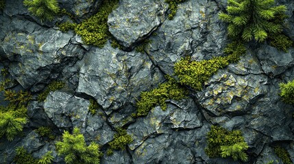 Obraz premium Rocky Mountainside with Moss and Fir Trees