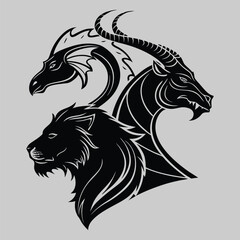 a chimera with three heads silhouette vector design art and illustration
