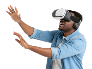 Black Man Experiencing Virtual Reality Immersion isolated on transparent background