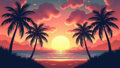 Fototapeta premium Tropical beach landscape with palm trees silhouetted against vibrant sunset and colorful sky