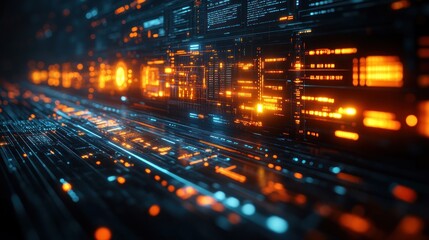 Futuristic data wall panels glow with orange light