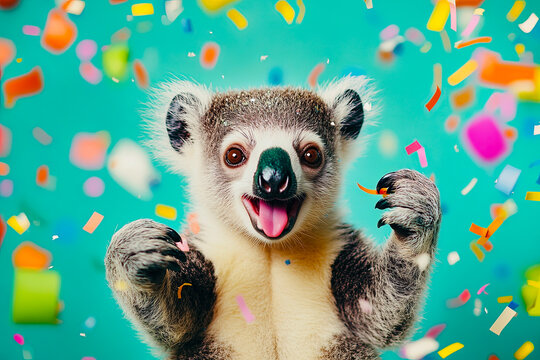 Excited Lemur with Falling Confetti