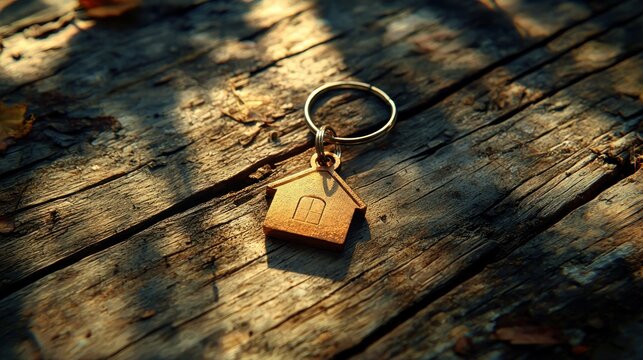 Rustic key chain home symbol on wooden outdoor table