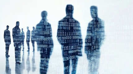 Silhouetted figures merged with digital binary code patterns in futuristic setting
