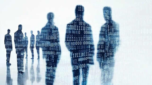 Silhouetted figures merged with digital binary code patterns in futuristic setting
