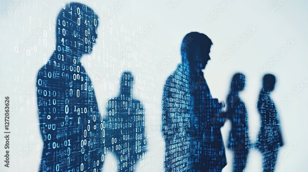 Poster silhouettes with digital matrix overlay representing cybersecurity and technology concepts