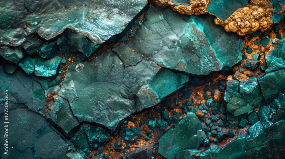 Leinwandbilder close up view of malachite and chalcopyrite minerals displaying intricate textures and vibrant color