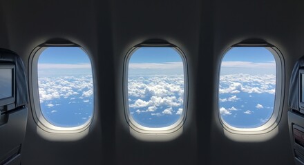 Naklejka premium Airplane Window View of Clouds and Sky - Stunning view from airplane window, showing fluffy white clouds and blue sky. Perfect for travel, adventure, and freedom themes